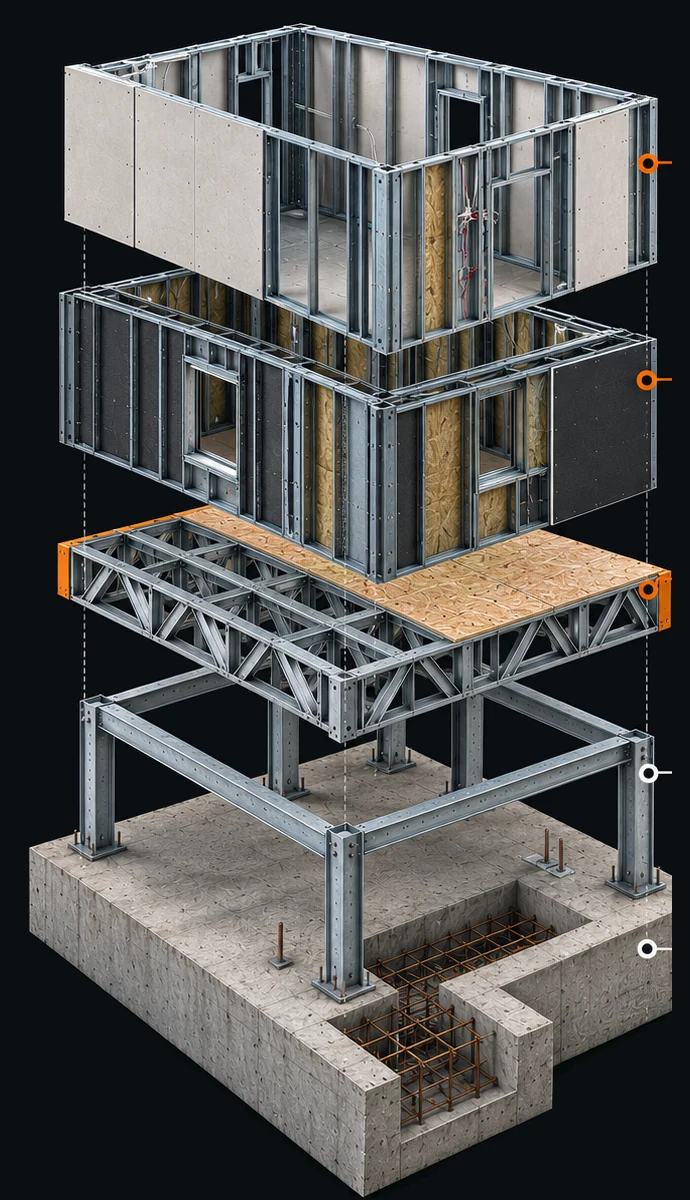 Rozložený model hybridní budovy po vrstvách