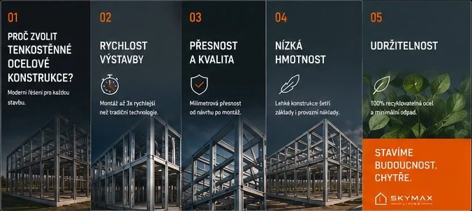 Carousel o pěti dílech: proč zvolit ocel, rychlost výstavby, přesnost a kvalita, nízká hmotnost, udržitelnost.